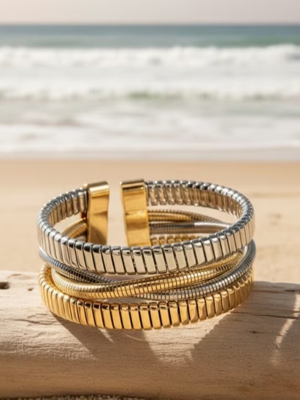 New Vintage Elegant Two-Tone Multi Texture Gold & Silver Wrap Cuff Bracelet